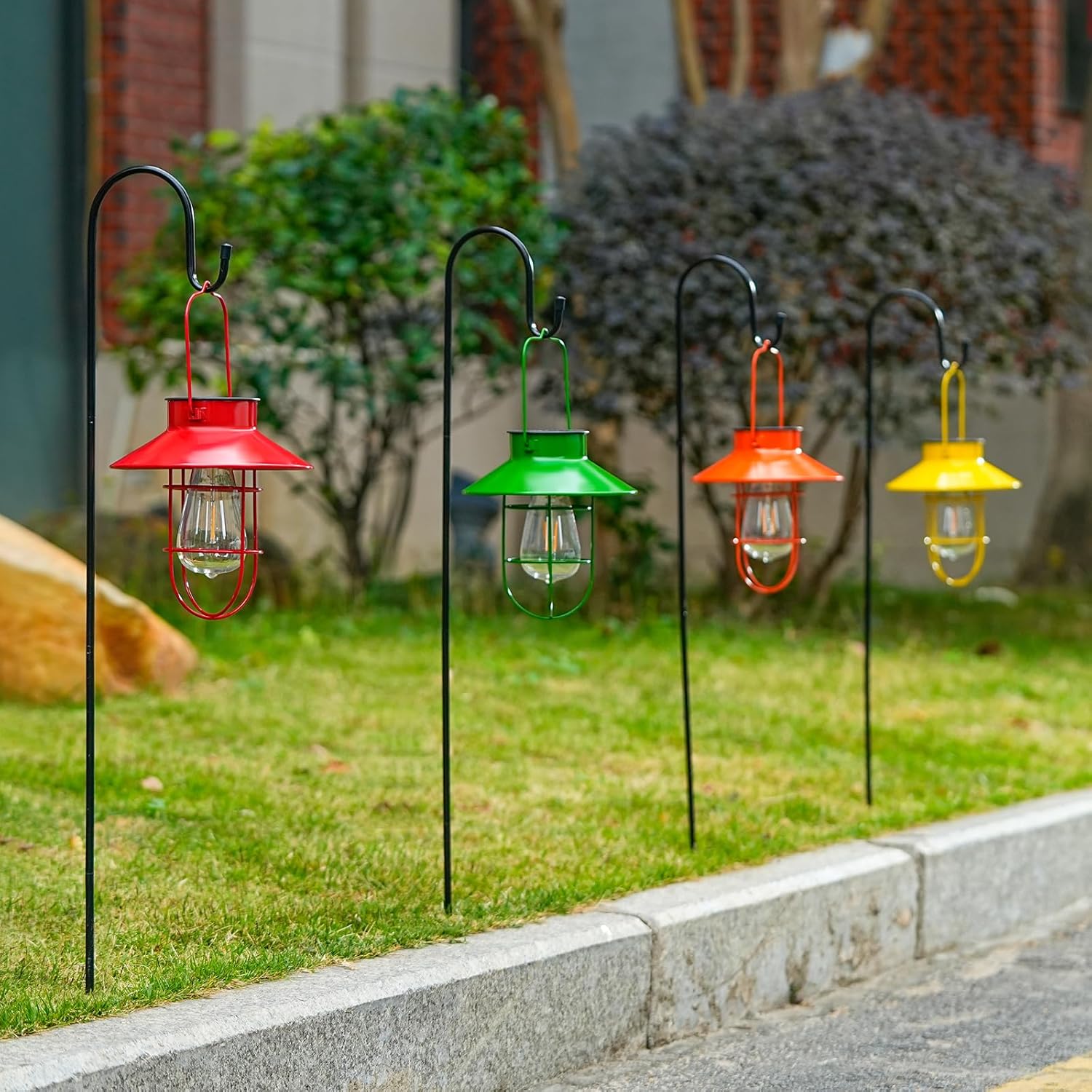 Solar Lantern with Shepherd Hook, Edison Bulb Garden Lights for Outside Decor, Water Resistant Pathway Lamp, Outdoor Home Decoration,Gift for Housewarming (Red, 2 Pack)