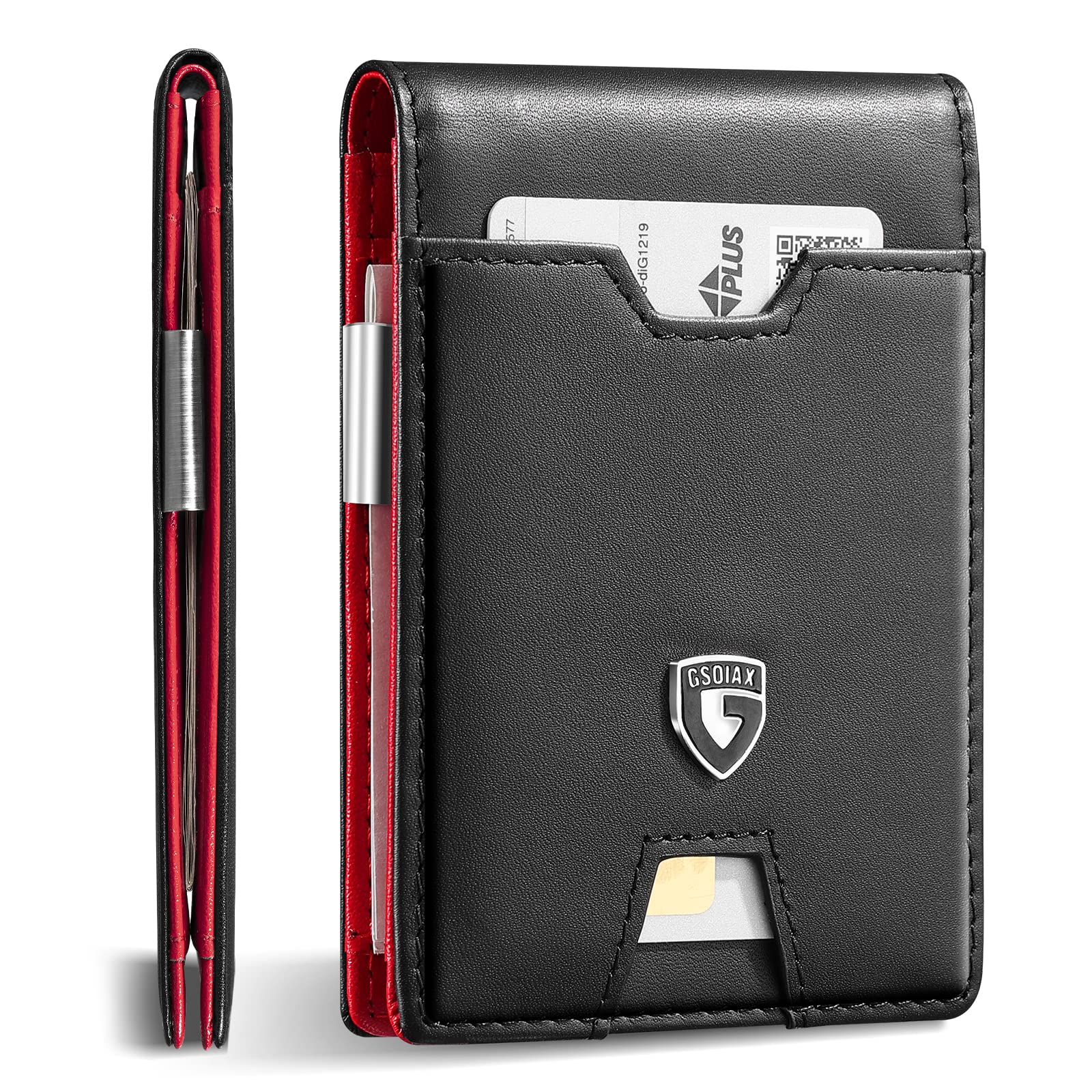 Men's Slim RFID Blocking Leather Wallet with Money Clip Minimalist Carbon Fiber Bifold Credit Card Holder 11 Card Slots Gift Box Included(Leather red)