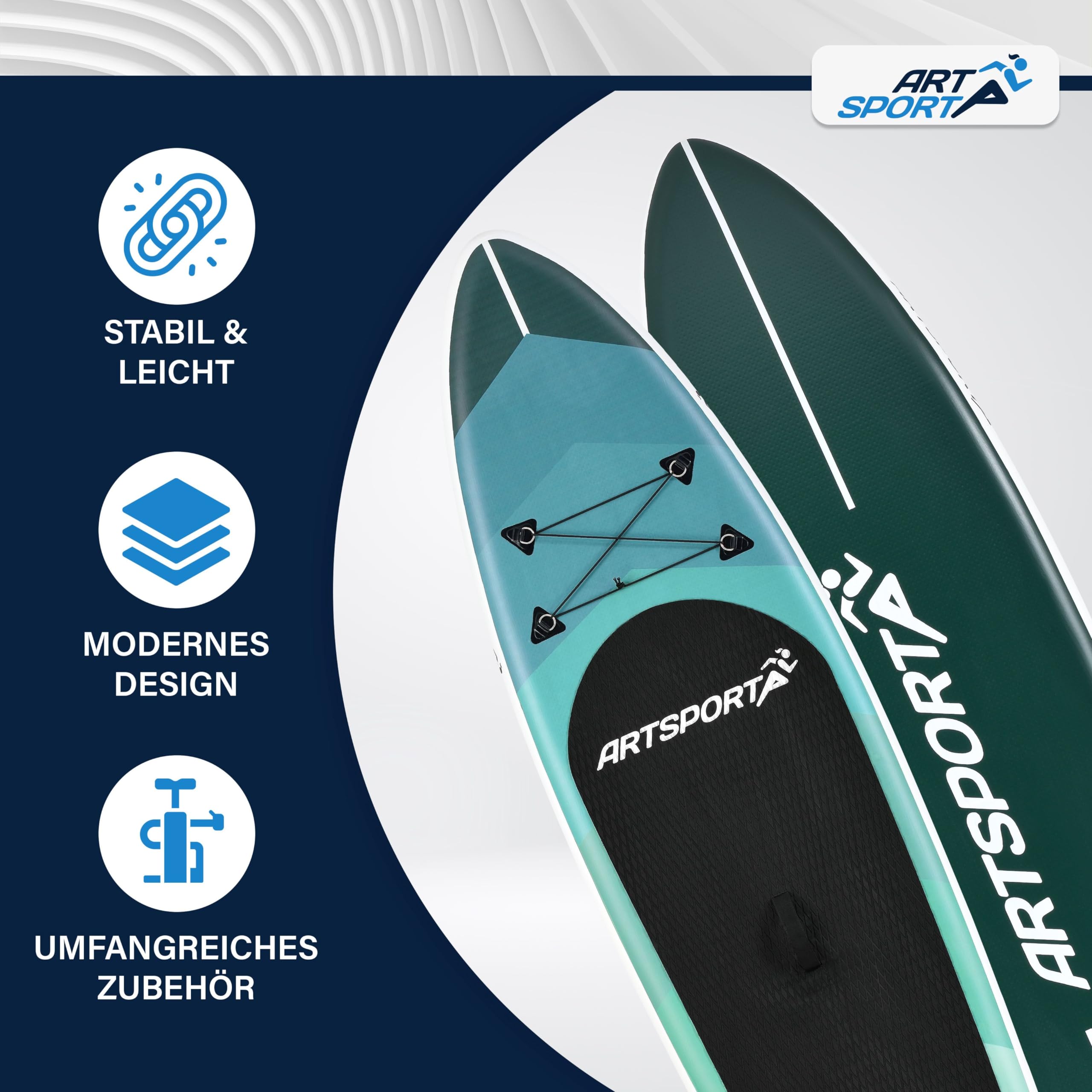 ArtSport SUP gonfiabile 320 cm – Tavola Stand Up Paddle | 150 kg | Set completo con pagaia, pompa, leash, zaino