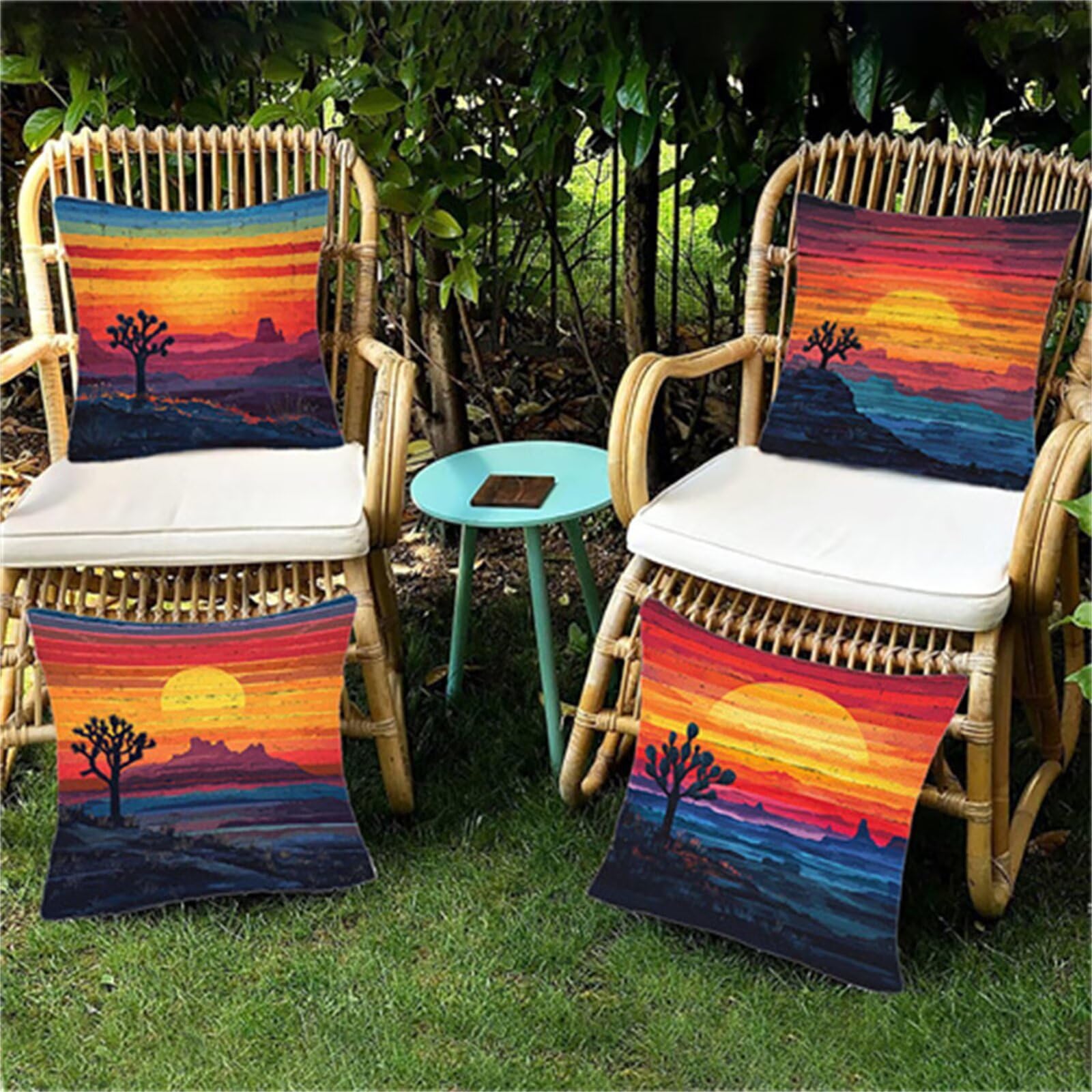 Outdoor Kissenbezug Bunte 55x55 cm Outdoor Kissenbezug Wasserdicht Dekokissenbezug Landschaft 4er Set Leinen Zierkissenbezüge Kissenhülle Sofakissenbezüge für Garten, Schlafzimmer, Sofa, Stuhl, B-10