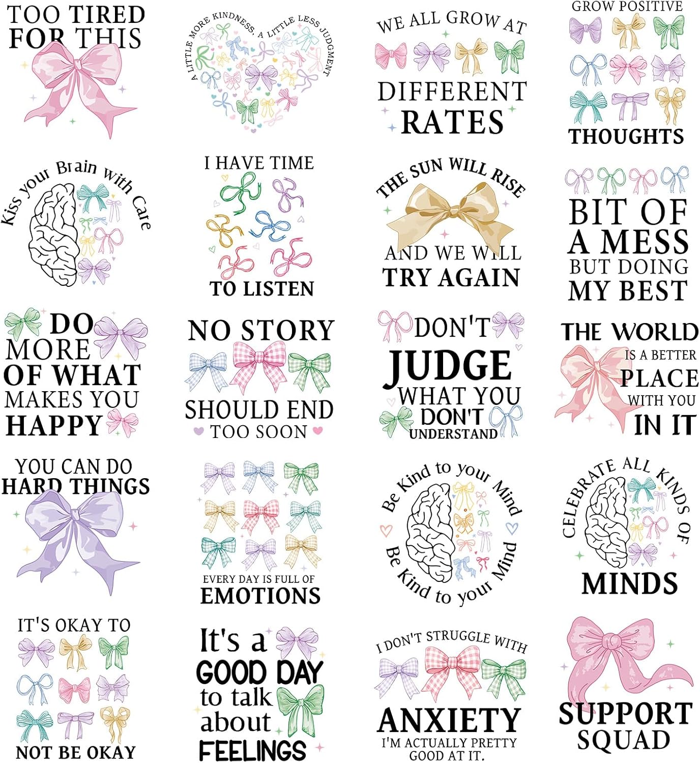 dtf transfers ready to press - 20pcs coquettee mental health bow iron on transfer for tshirts, self care bowknot iron on decals pacthes, inpirational quotes heat stickers for diy clothes 20pcs mental health