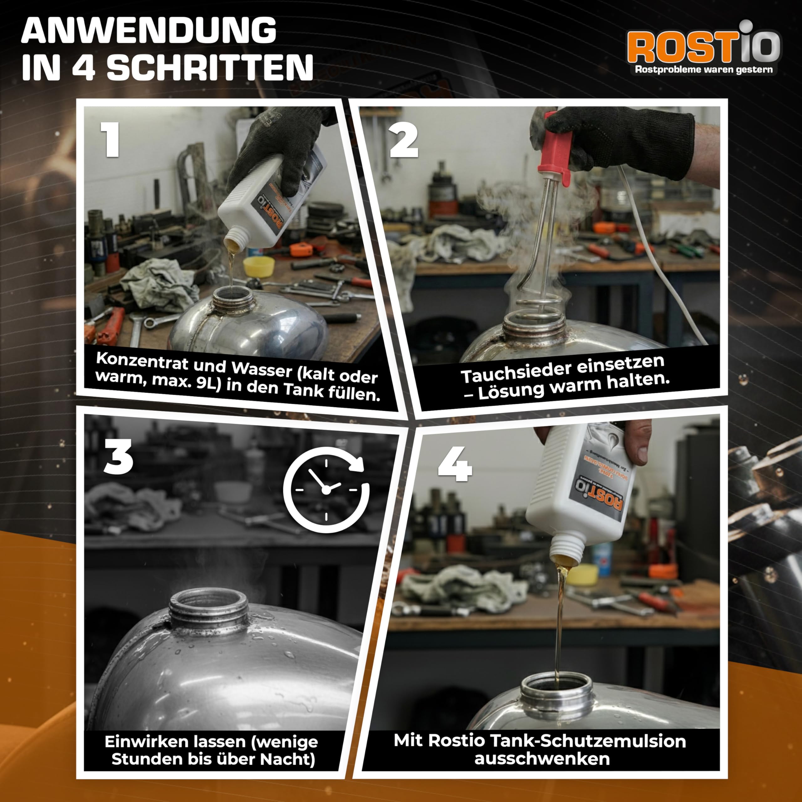 Rostio Tankentroster-Set 1L – inkl. Tank-Schutzemulsion 500 ml + Tauchsieder – hochergiebig (1 : 10) – für Tanks bis 10L – Rostentferner & Korrosionsschutz – Entrostung auch bei starkem Rost