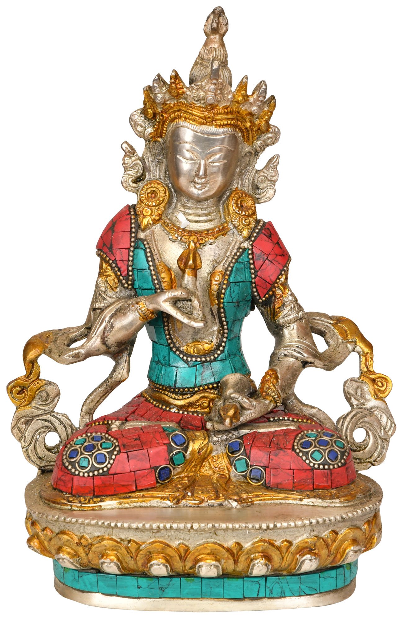 Statue Vajrasattva en laiton avec incrustation d'art bouddhiste