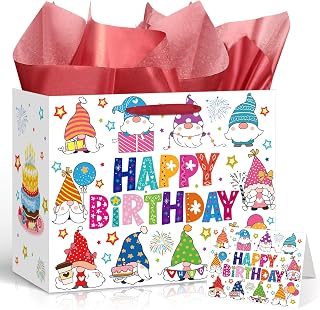 Gnome Birthday Gift Bag with Card and Red Tissue Paper Large Colorful Tomte Elf Dwarf Theme Present Wrapping Paper Bag for Women Men Kids Girls Boys Gardeners Funny Bday Baby Shower Party Supplies