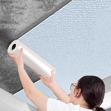 Rolls Ceiling Tiles Peel and Stick, Frosted Wall Foam Panels for Cement/Popcorn Ceiling, Suspended Ceiling Wallpaper for Exterior Porch DecorBlue,3m/9.8ft