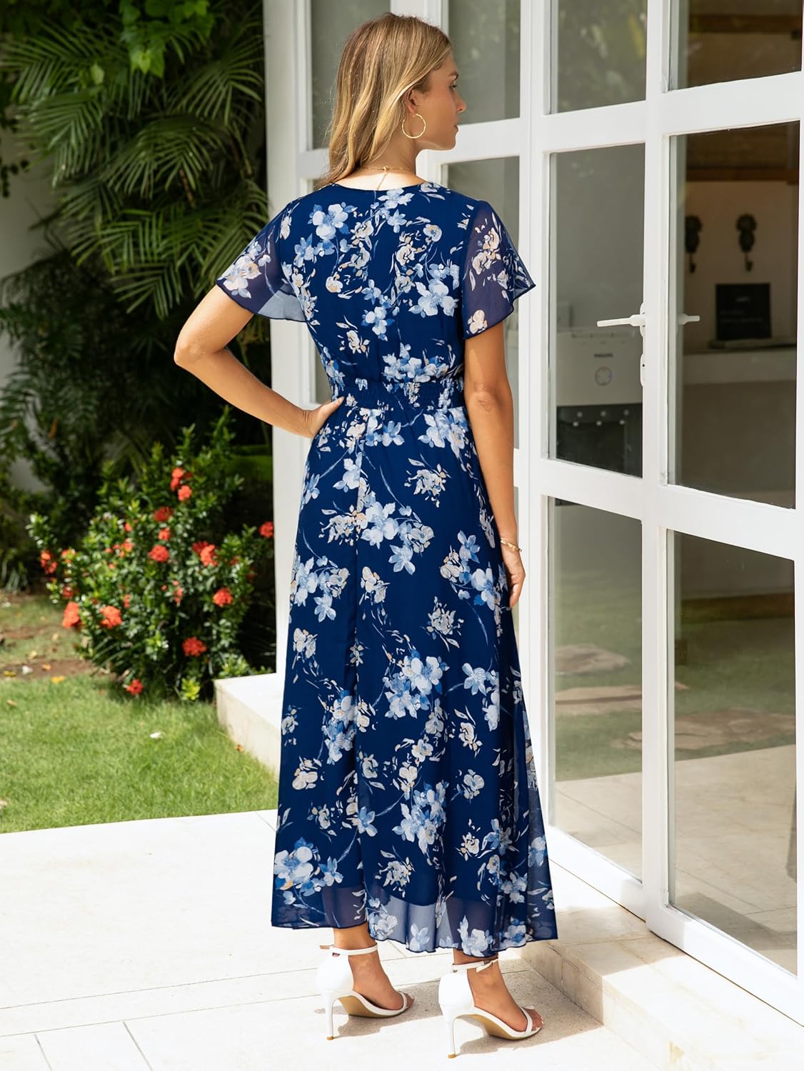 Simplee Womens Floral Maxi Dress Short Sleeve Summer Boho Wedding Guest Dress Empire Waist Chiffon Modest Midi Dresses