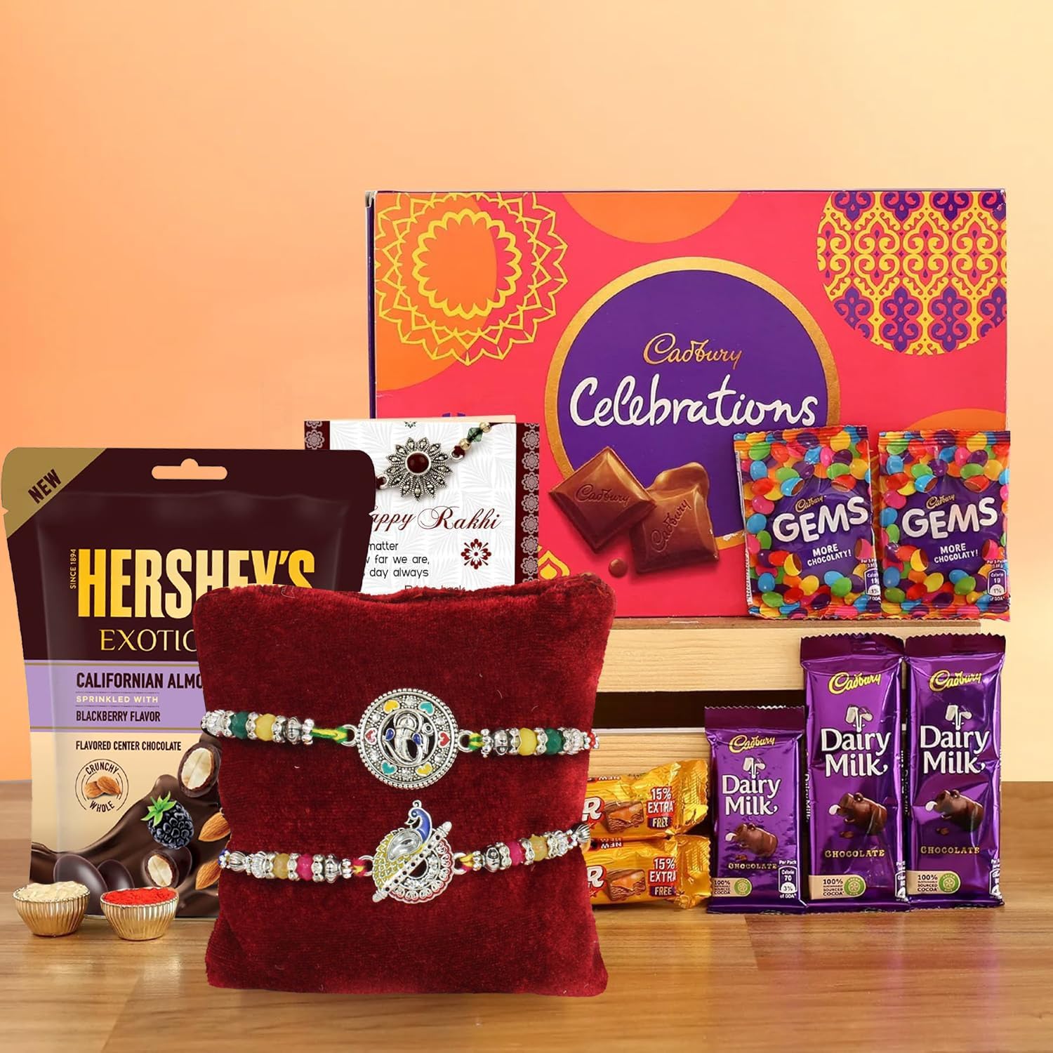 TIED RIBBONS Rakhi For Brother With Chocolate Gifts - Set Of 2 Premium Rakhi With Cadbury Chocolates Hershey's Kisses and Rakshabandhan Card Hamper - Rakhi Gift For Bhaiya Bhabhi