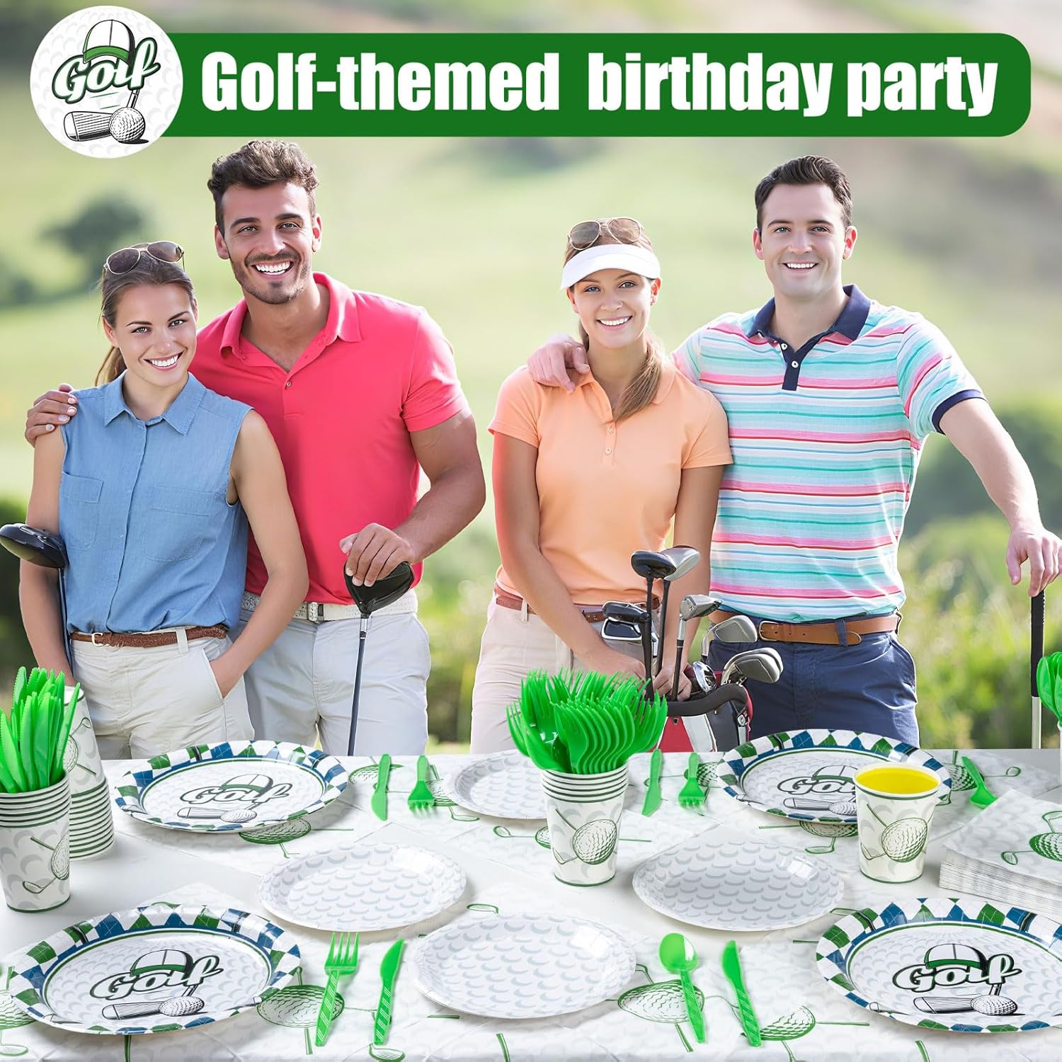 Golf Party Decorations Set for 50 Guests, 350 Pieces, Plates, Cups, Napkins, Cutlery, Green and White - Image 8