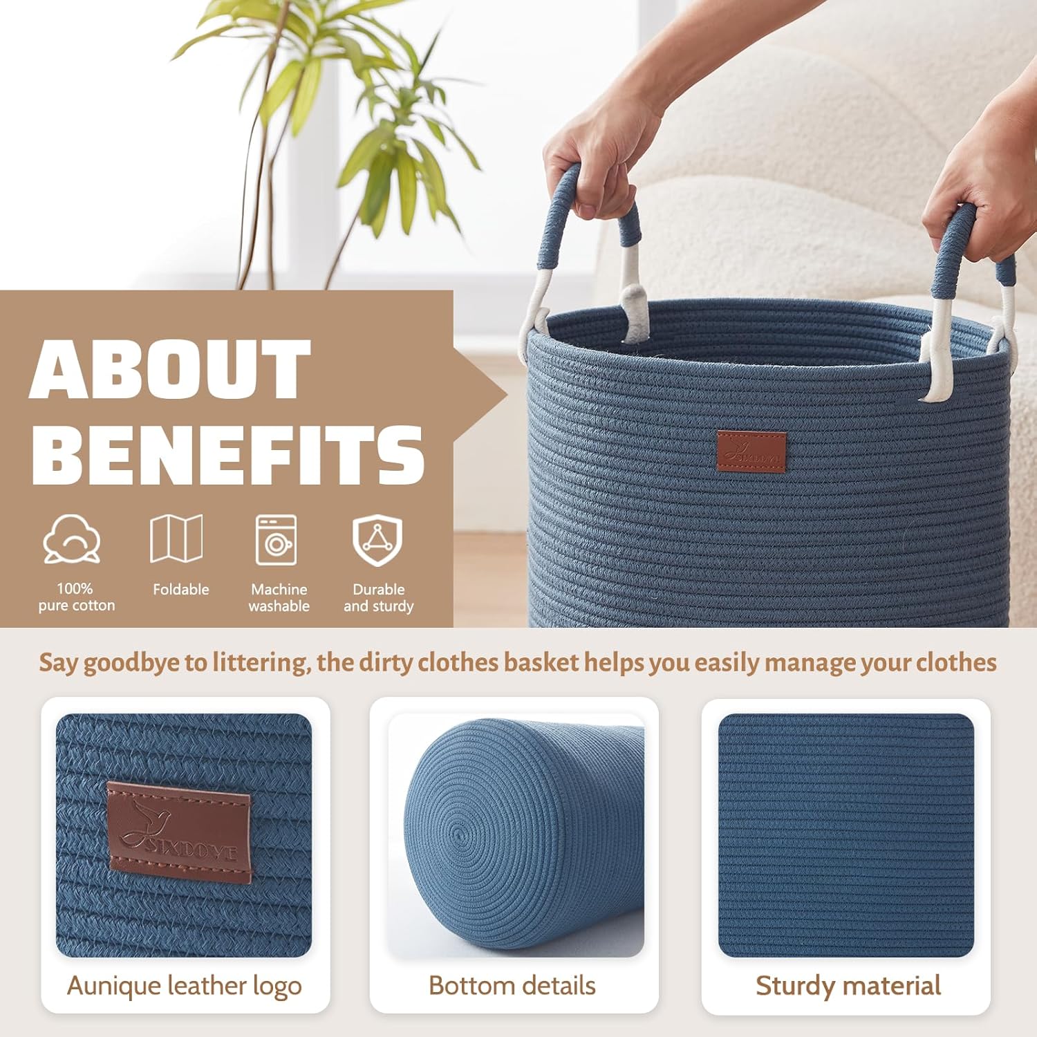 Laundry Basket, Woven Rope Laundry Hamper with Handles, Large Decorative Storage Basket for Clothes and Blankets in Living room, 15" x 20"，Dark Blue