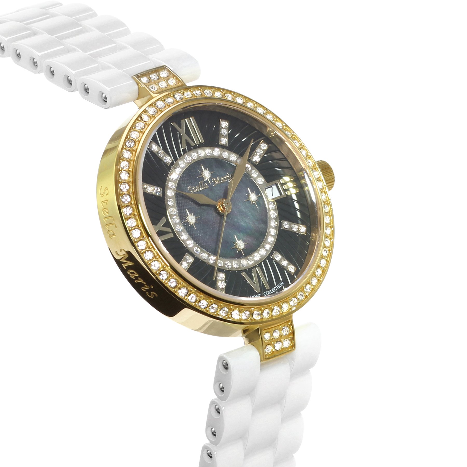 Stella Maris Damen Armbanduhr - Analog Quarz - Premium Keramik Armband - Perlmutt Zifferblatt - Diamanten und Swarovski Elemente - STM15SM5