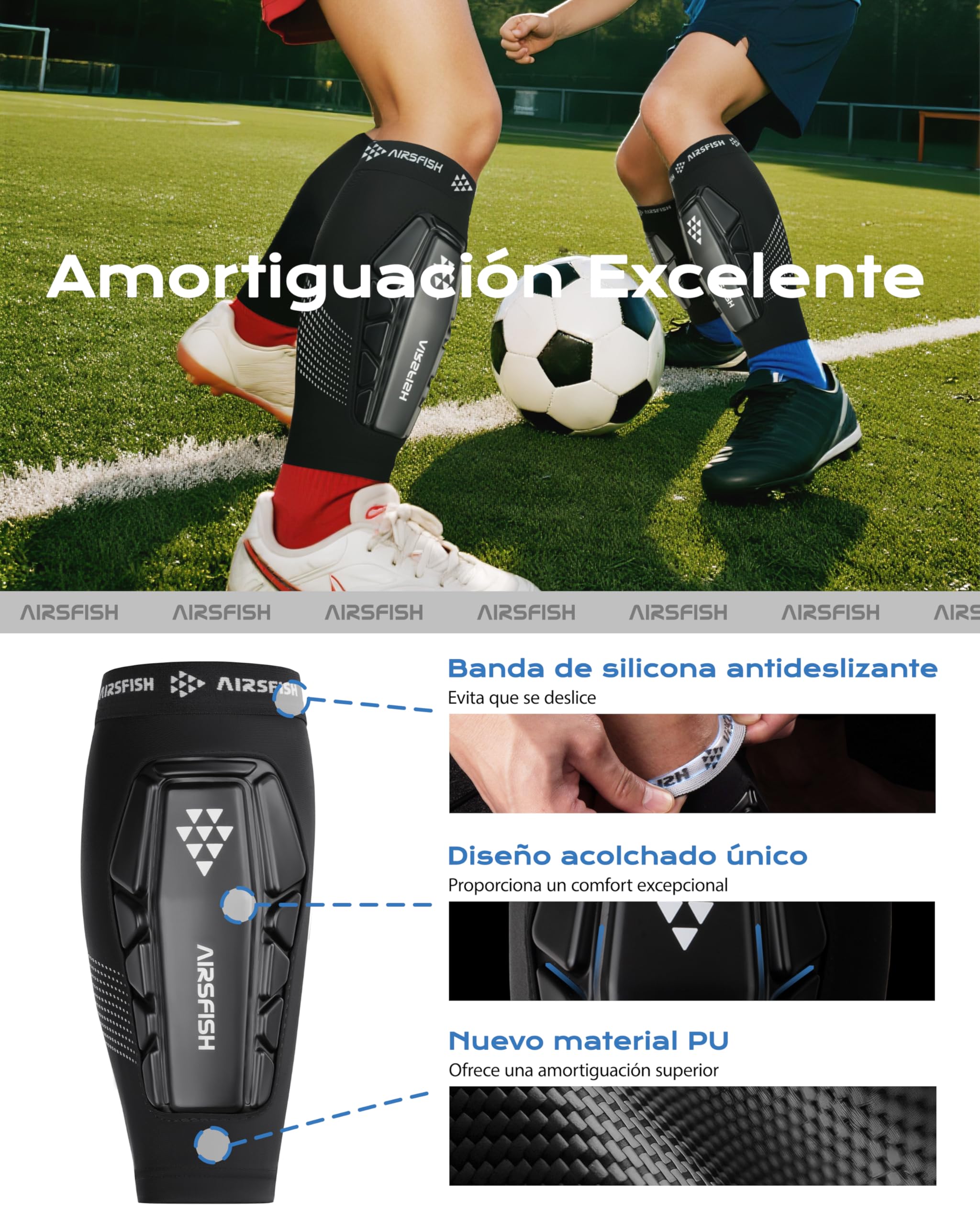 Espinilleras de fútbol, núcleo de Choque de Poliuretano y Tiras de Agarre de Silicona, Almohadillas Protectoras ultraligeras y Transpirables, espinilleras de fútbol Ligeras para niños