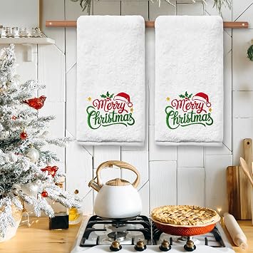FUTBU Christmas Hand Towels for Bathroom Set of 2, Red Hat Bathroom Decor Embroidered Merry Christmas Pattern, Winter Green Dish Towels Xmas, 100% Cotton Soft Towels for Kitchen Bath 14x30 Inches