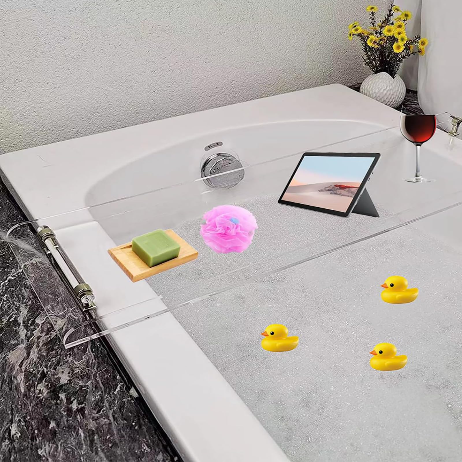 Luksusowa akrylowa taca na wannę z uchwytem - idealny prezent pod prysznic dla kobiet pasuje do większości wanien elegancki srebrny design dla relaksu i doświadczenia spa