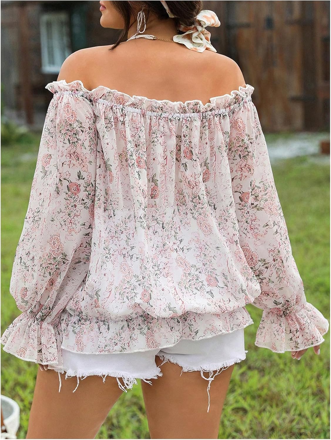 SOLY HUX Women's Plus Size Floral Off The Shoulder Peplum Blouse Tie Front Ruffle Long Sleeve Boho Shirts - Image 2