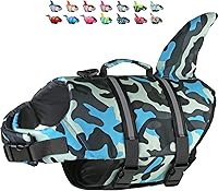 Vista 20 de Dogcheer Chaleco salvavidas para perros con tiburón, chaleco salvavidas ajustable para nadar en lancha con flotabilidad superior y asa de rescate