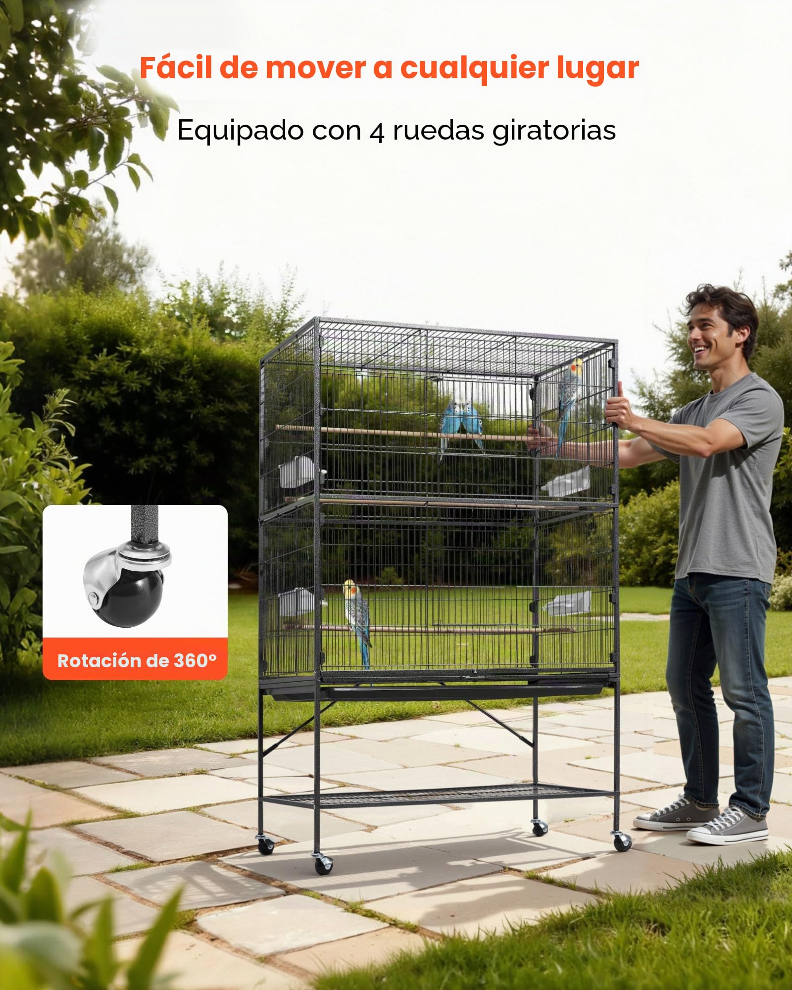 VEVOR Jaula para Pájaros, 930 x 580 x 1510 mm, Tapa Plana, Hierro Forjado, con Perchas, Bandeja Extraíble, Comederos de Plástico, para Herrerillo Común, Cacatúa NINFA, Canario, Loro Gris Africano