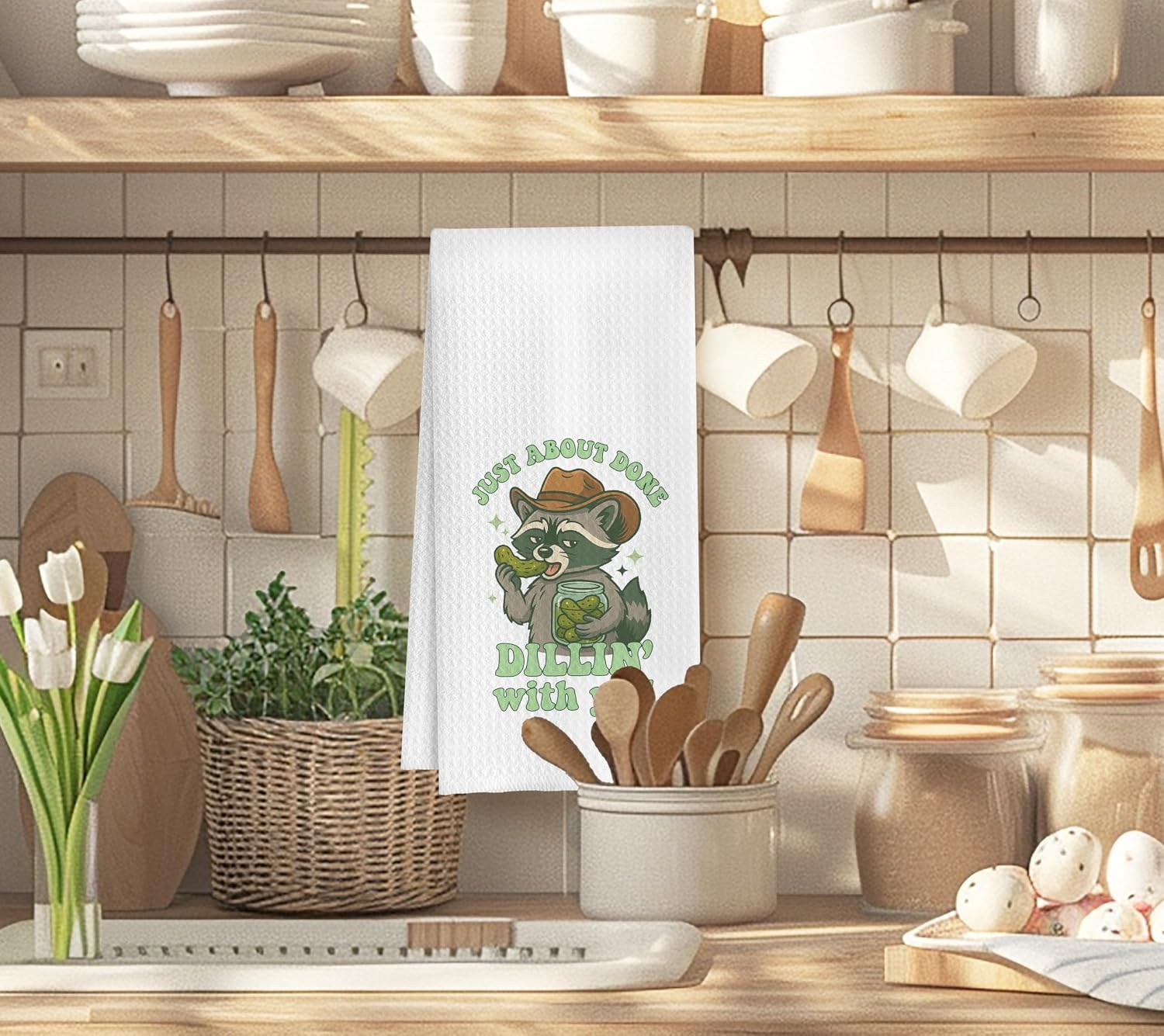 Western Cowboy Raccoon Pickle Kitchen Towels, Gifts for Pickle Lovers Dish Tea Towels, Funny Raccoon Gifts Decorative Hand Towel for Kitchen, 16x24 Inch image 2