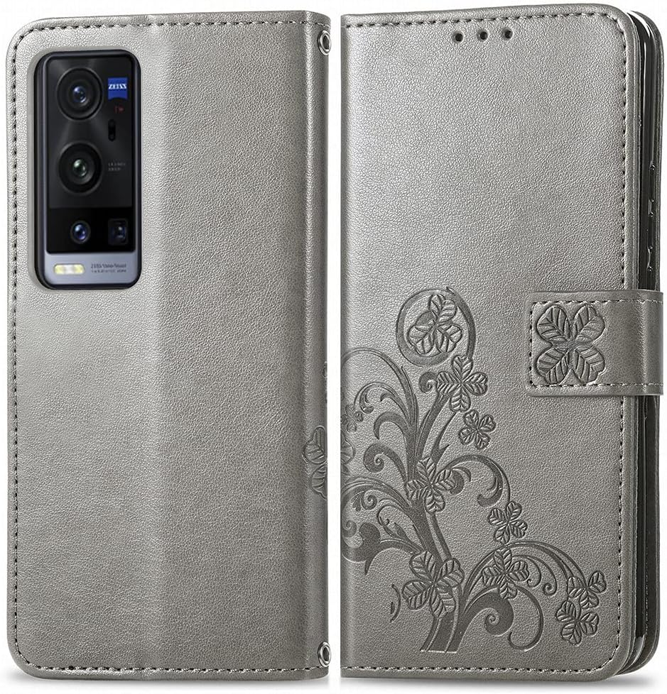 LEMORRYCase for VIVO X60 Pro Plus Leather Case Wallet Flip Folio Shockproof PU Phone Case with [Kickstand] [Card Slots] [Magnetic Closure] Cover for VIVO X60 Pro Plus, Lucky Cloverr (Gray)