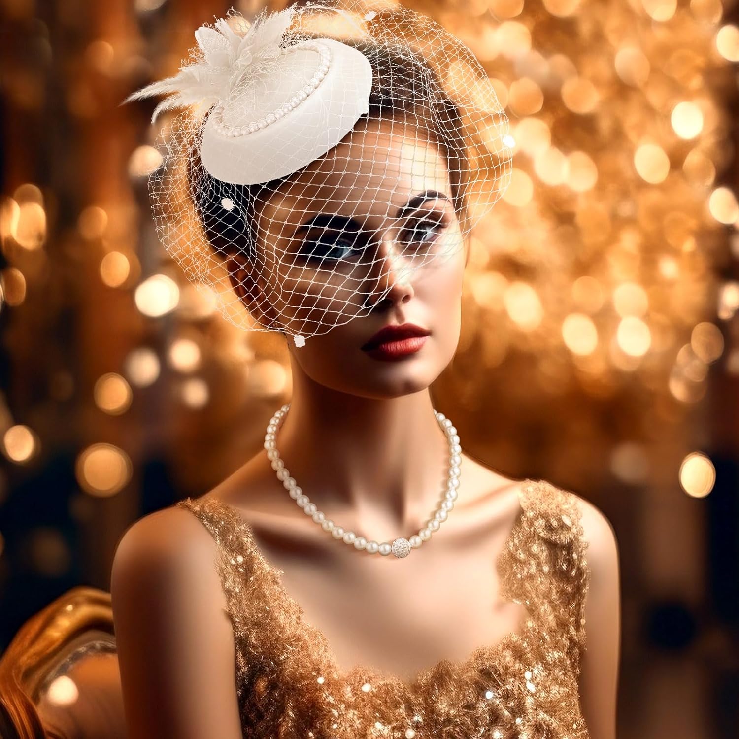 Geyoga 5 Pcs Vintage Fascinators Hat for Women Tea Party Hat and Lace Glove Set Veil Headband Pearl Jewelry for 1920s Party - Image 7