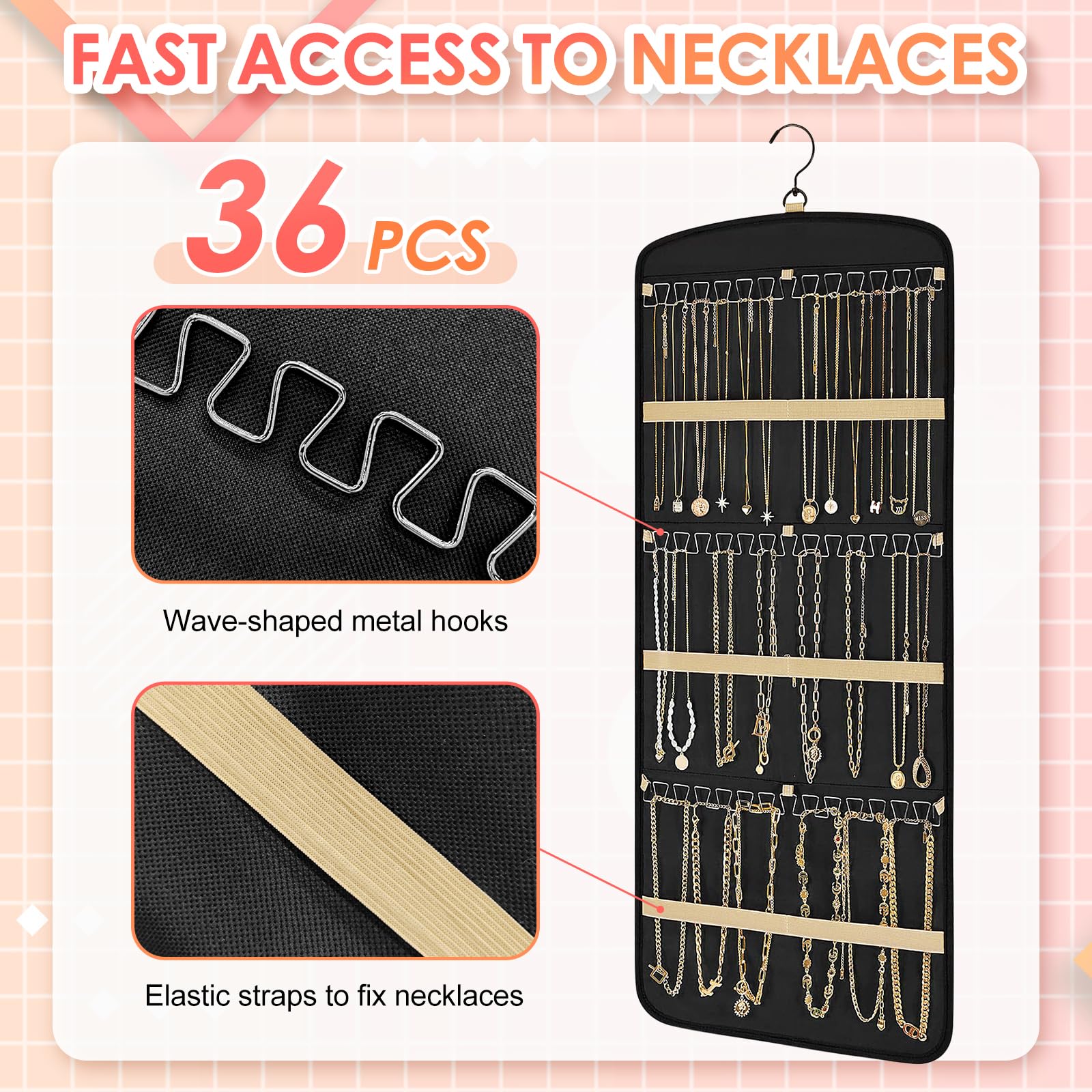 Dewocke Hängender Schmuck Organizer Rosa - Doppelseitige Reise Schmuckrolle Für Ohrringe & Ketten
