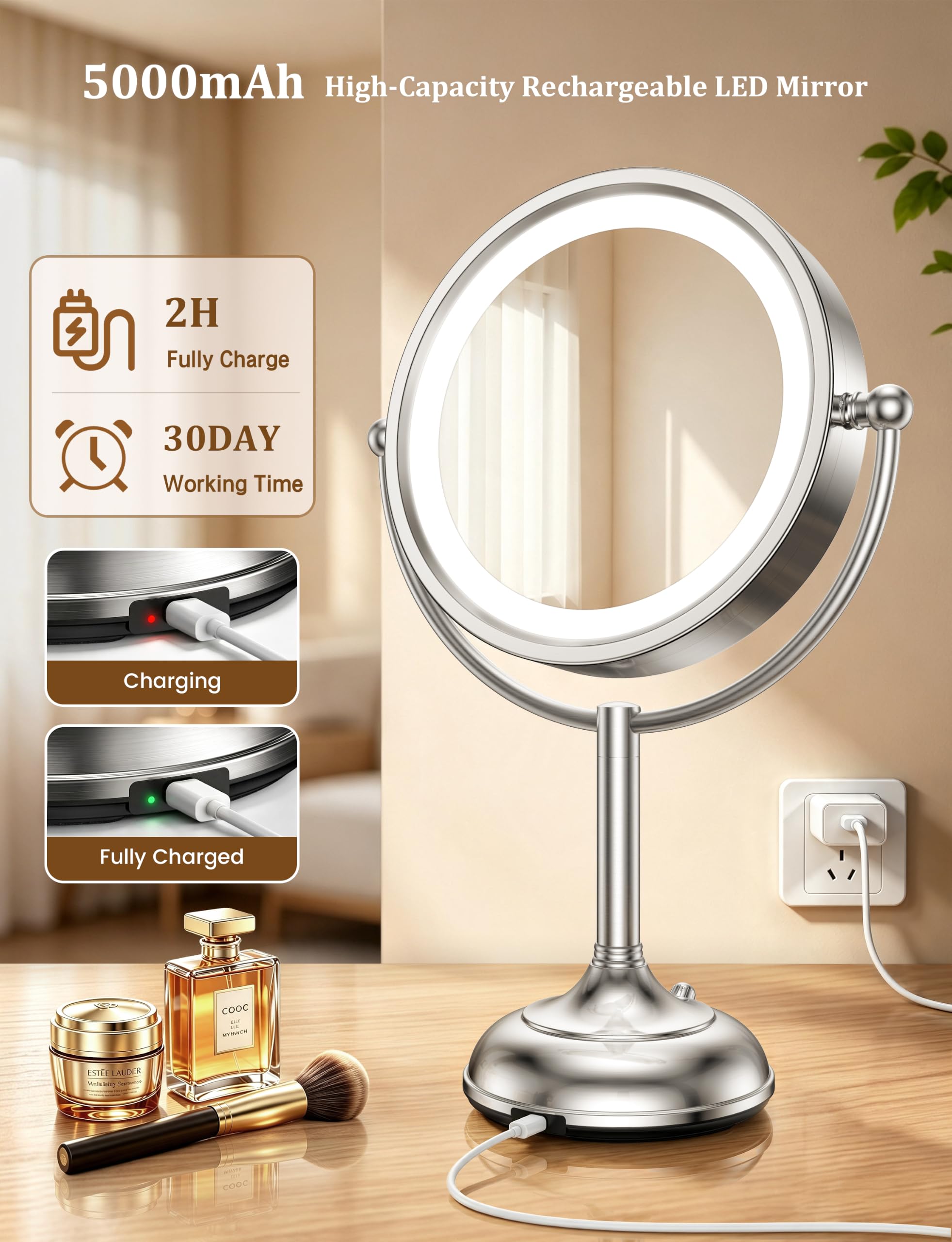 VESAUR 15X Magnifying Lighted Makeup Mirror, Rechargeable Double-Sided Vanity Mirror