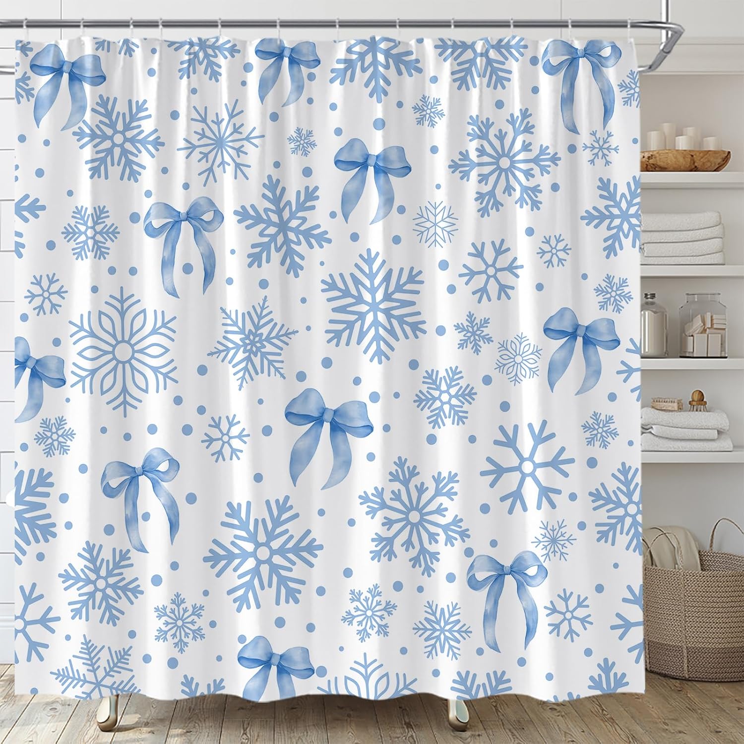 Snowflake Bow Shower Curtain Blue Christmas Winter Holiday Cute Girly Aesthetic Polyester Fabric Bathroom Decor Set with Hooks(70" Wx84 H)