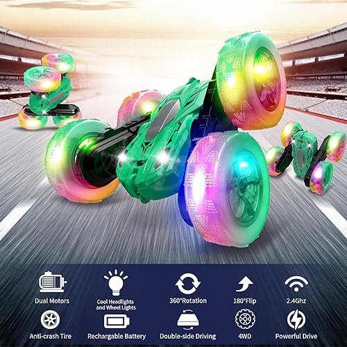 Miniatura 2 de Traverse Star Coche de control remoto, auto de acrobacias RC giratorio de 360 con luces de rueda, faros delanteros de 2.4Ghz de doble cara, juguetes