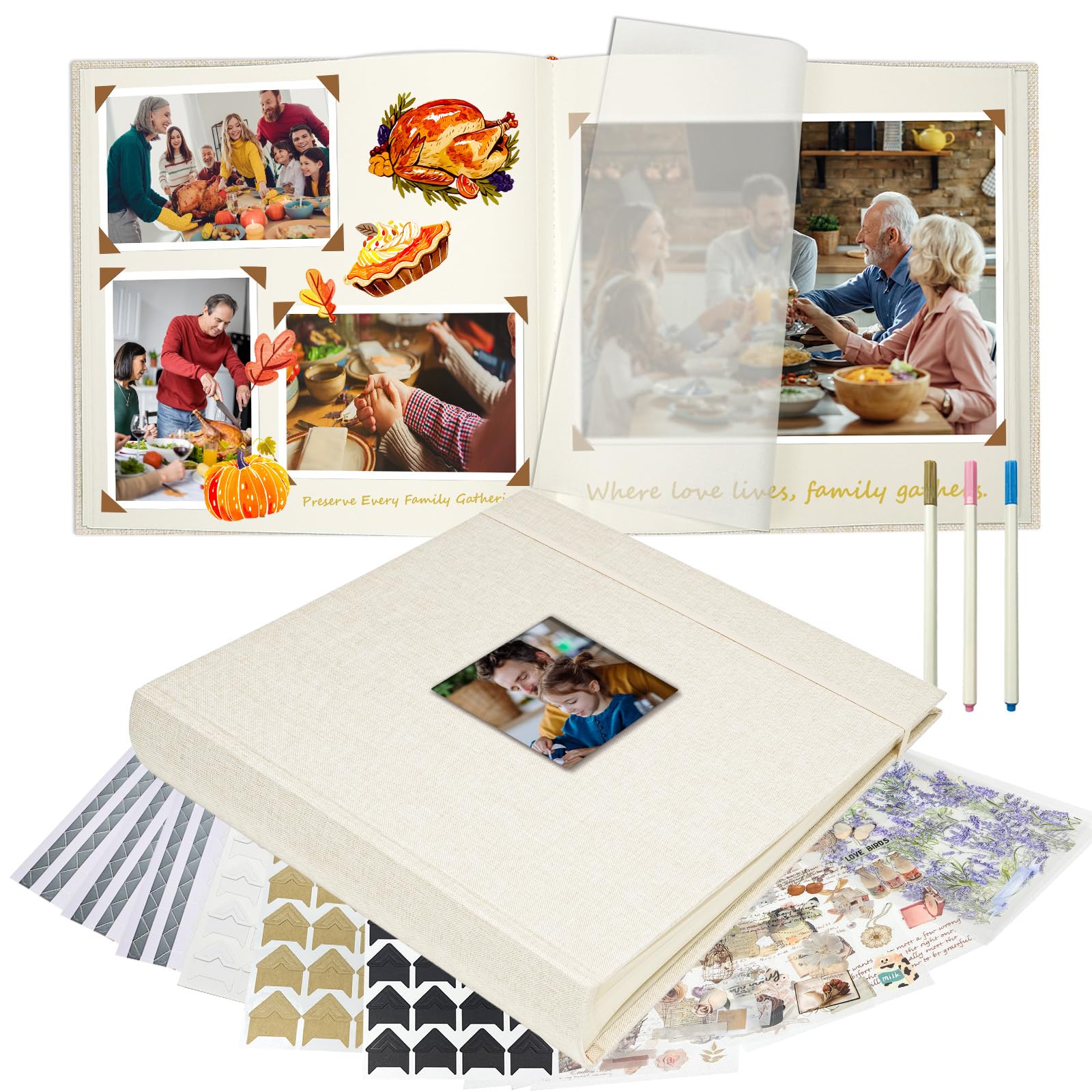Álbum Fotográfico de Lino 30x30 cm Vienrose con Espacios para Texto, Scrapbook DIY 60 Páginas Beige