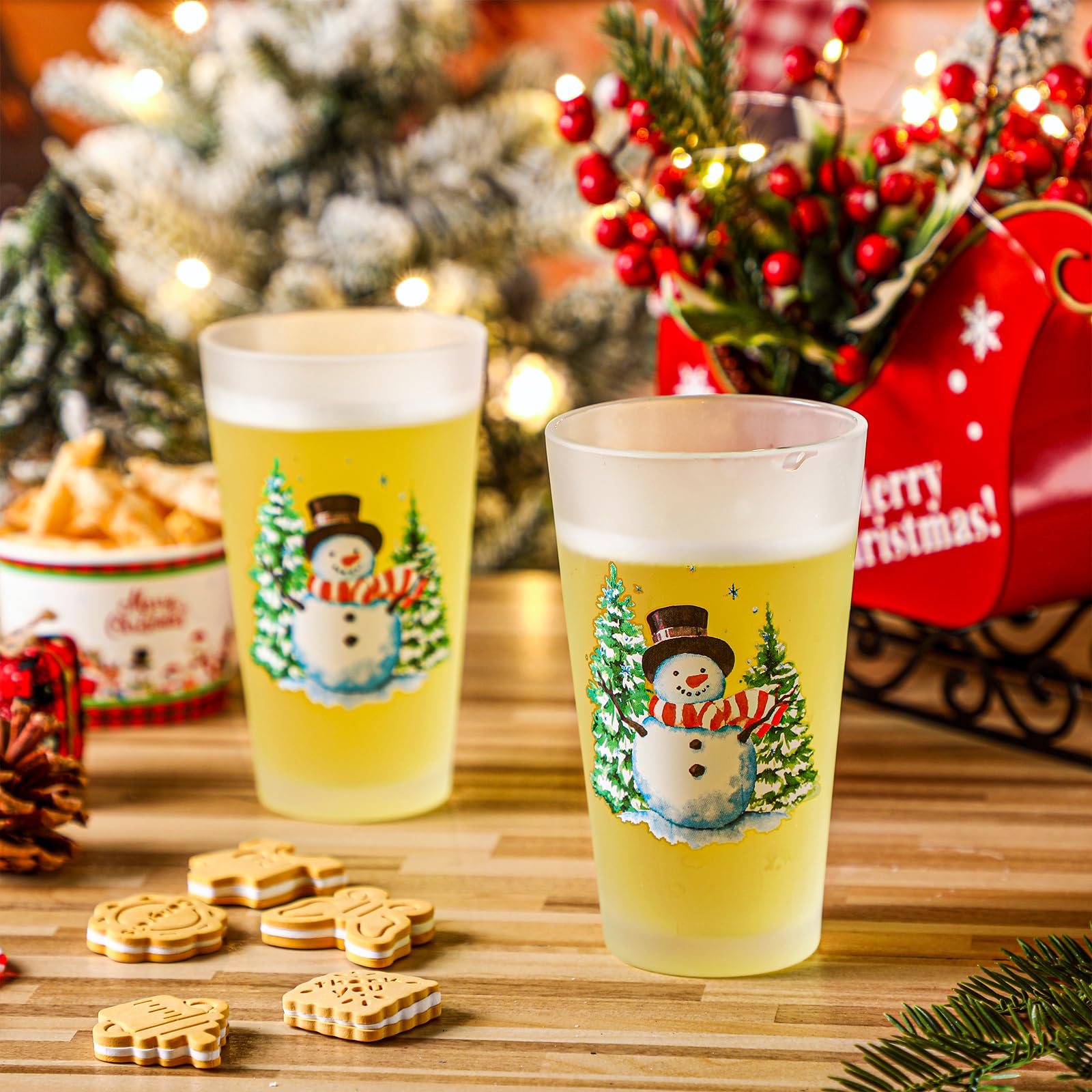 Sliner 4 Pcs Christmas Glass Cups Snowman Highball Glass Cups 16 oz Cups Christmas Tree Tapered Cooler Glass Drinking Glasses Set for Christmas Winter Juice Cocktails Iced Coffee Iced Tea