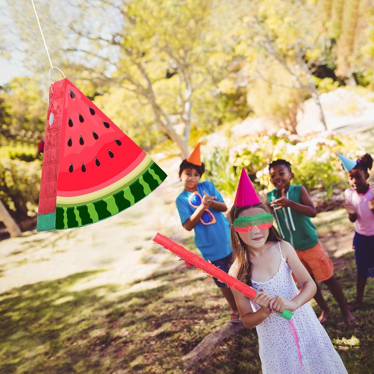 Aoriher Small Watermelon Piñata with Blindfold Bat Fruit Piñata Summer Decorations for Birthday Party Summer Theme Party Game Supplies, 12.6 x 13 x 3