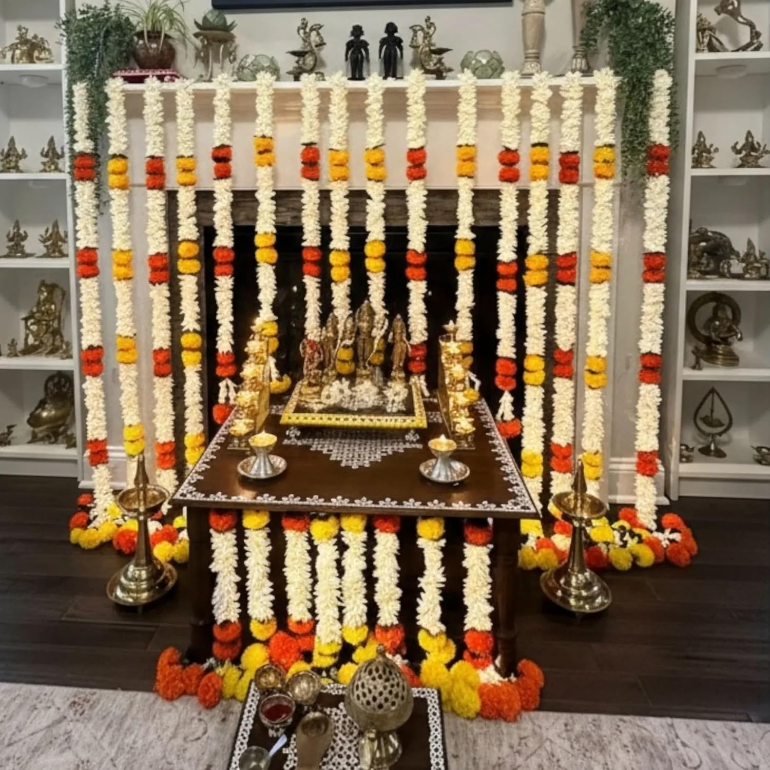 LOVENSPIRE Artificial Jasmine Marigold Garland for Festive Decorations - Indian Flowers for Wedding, Diwali, Day of the Dead, Outdoor Wall Hanging & Indoor Home Decor 5Feet / 2Strings