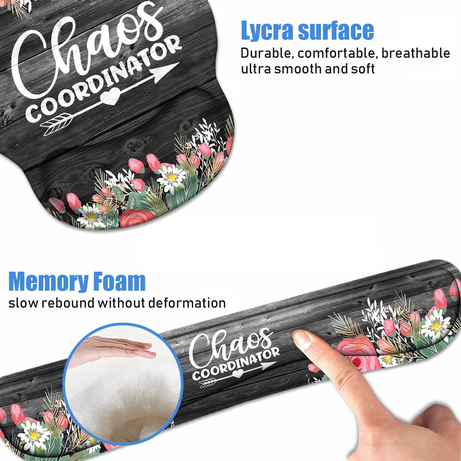 Keyboard Wrist Rest + Mouse Pad Wrist Support Set with Coasters, Chaos Coordinator Quotes Colored Floral Wreath Print Wrist Mouse Pad with Non-Slip PU Base for Home Office Working Studying