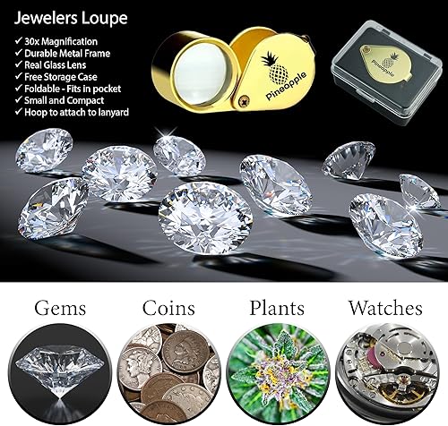 Miniatura 3 de Pineapple 30X Jewelers - Lupa plegable de bolsillo para joyeros, gemas, diamantes, plantas, monedas (dorado)