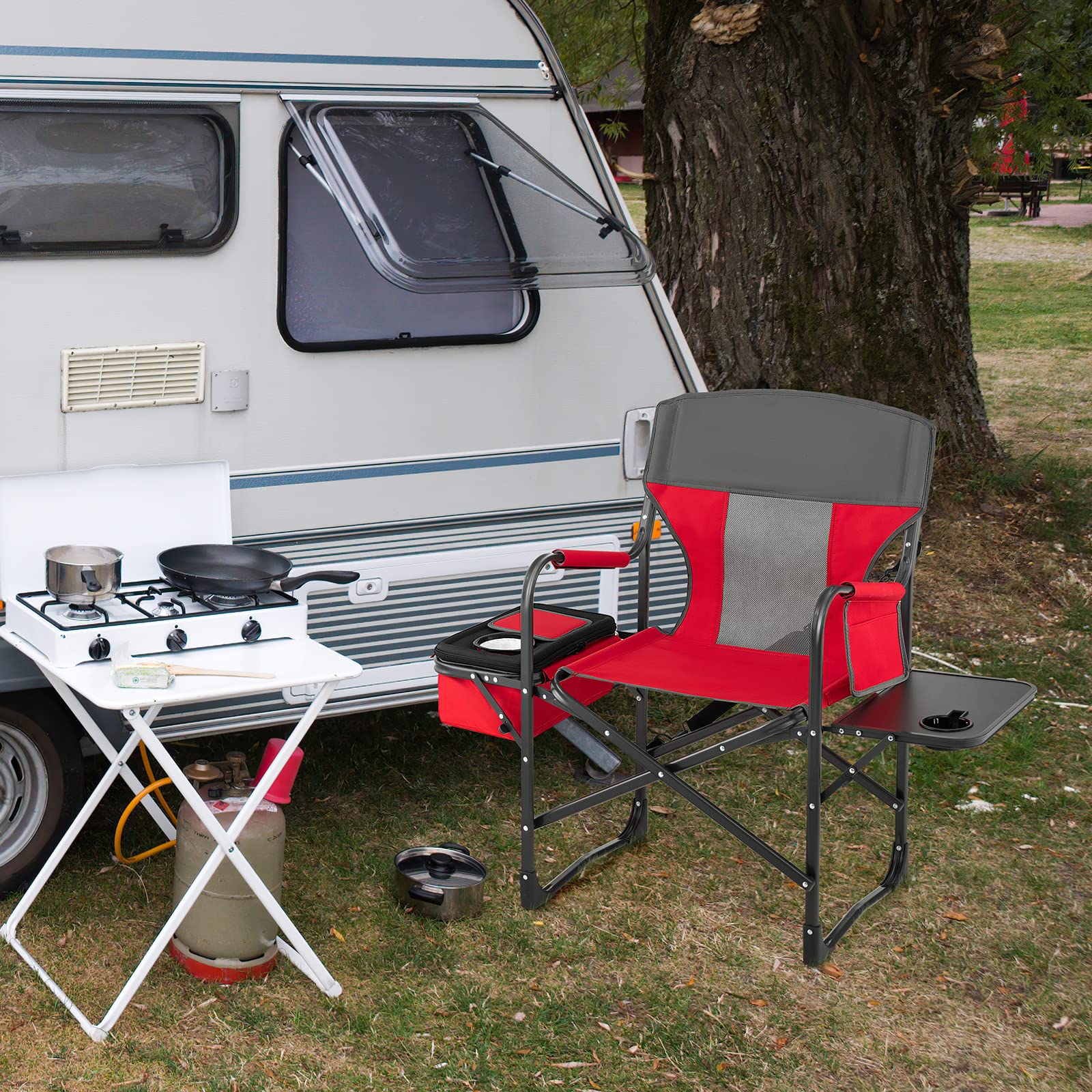GOPLUS Silla Alta de Director, Silla Plegable para Maquillaje con Mesa Lateral, Portavasos, Bolsillo de Almacenaje, Bolsa de Malla y Reposapiés, Carga150 kg, Ligera para Camping (Rojo+Gris)