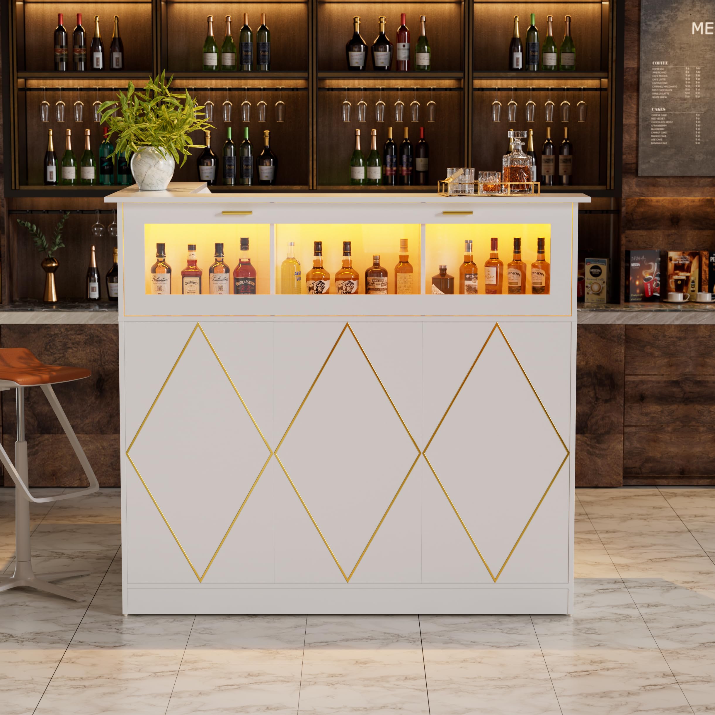 MSFE Empfangstheke mit LED, Empfangstresen Rezeptionstresen L Form mit Schubladen und Schränken, Moderner Rezeptionstheke Rezeption Tisch Verkaufstheke für Salon Geschäft Hotel,126x100x111cm (Weiß)