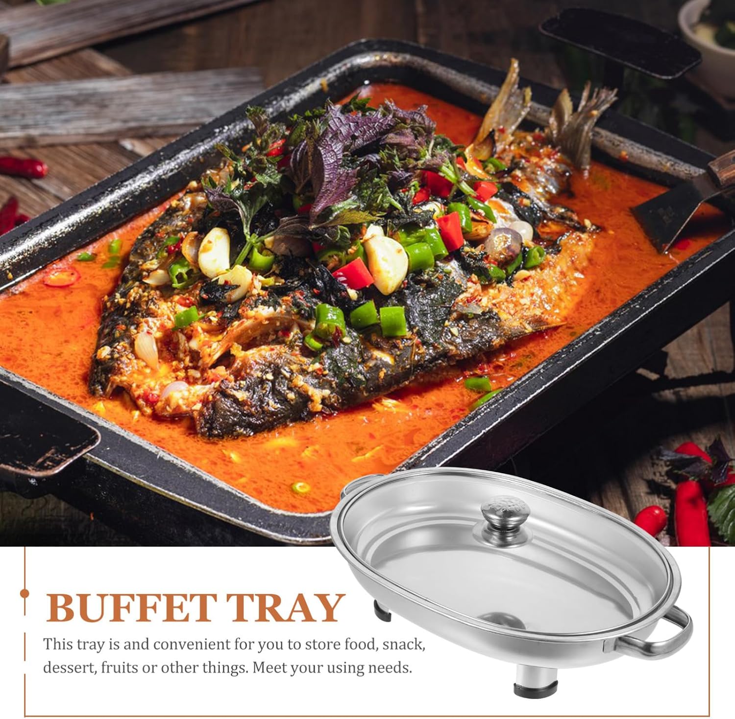 Stainless Steel Buffet Tray Oval Serving Platter for Grilled Fish and Food Display with Easy to Hold Design, for Kitchen Use and Parties
