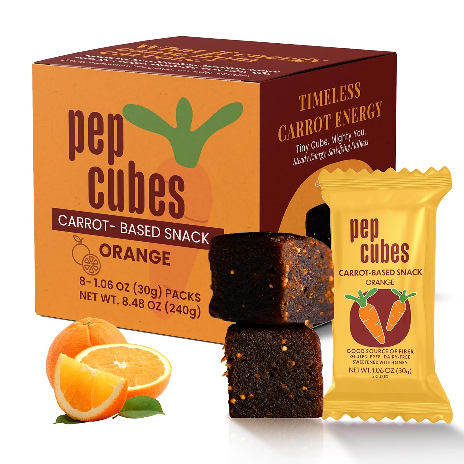 PEPCUBES, Carrot Based Snacks, Cube Bar, Orange (8 pack), Allergy Friendly, No Nuts, No Sugar Added|High Fiber, Low Calorie, Plant-Based, Gut-Friendly, Gluten Free, Dairy Free, Grain Free, Real Ingredients, Vegetarian Friendly | 8 ct, 1.06 oz each