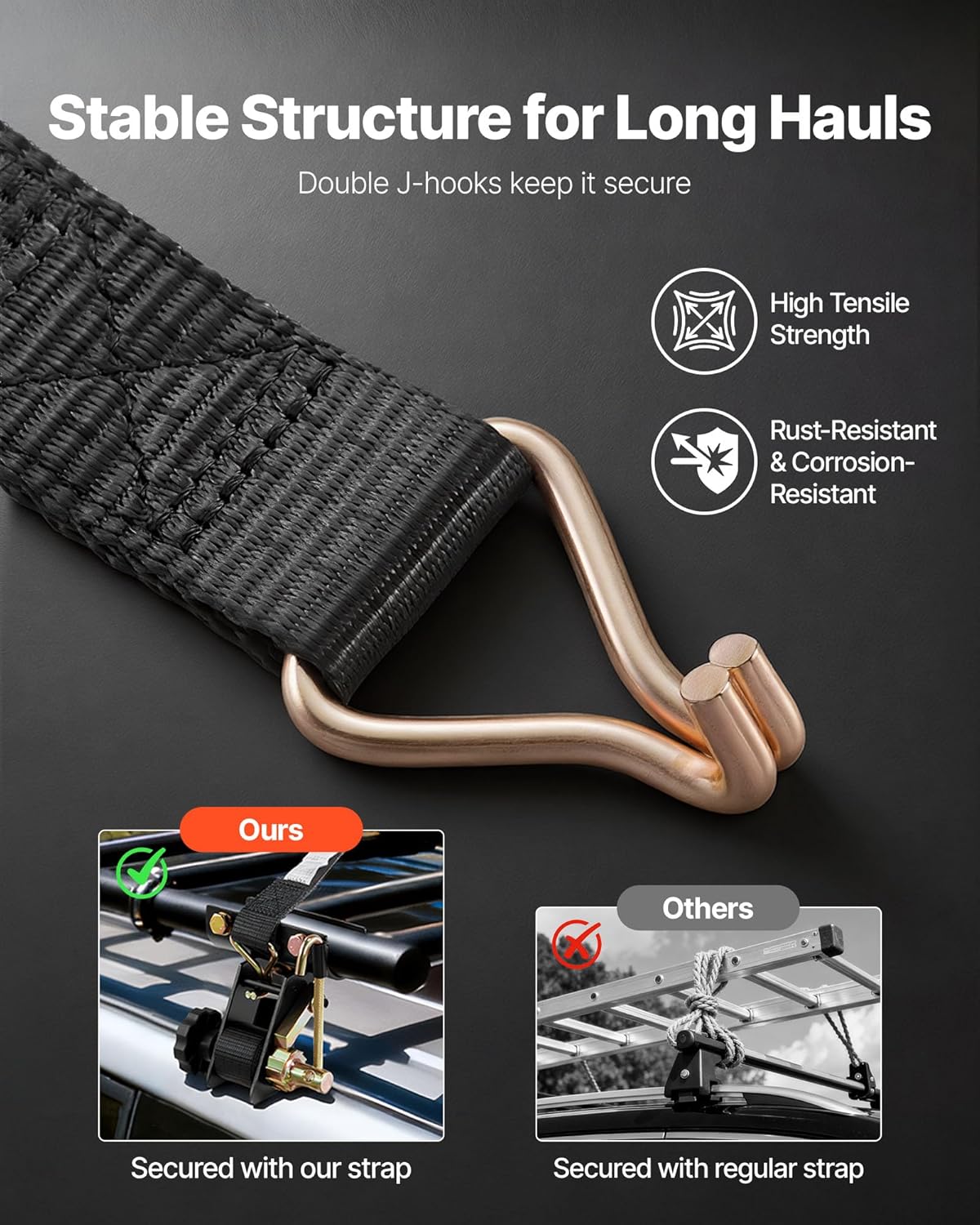 VEVOR Ladder Rack Ratchet Straps, 2'' Black Round Tube Mount, 1.5'' Wide x 7.5' Long Black Ladder Rack Straps with Double J-Hooks, 500 lbs Load Heavy Duty, Cargo Buckle Lock Strap (4 Pack) - Image 5