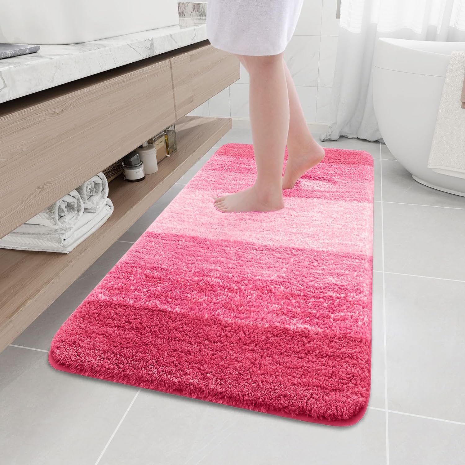 Arotive Microfiber Bathroom Rugs, Shaggy Soft and Absorbent Bath Rug, Non-Slip, Thick Plush Machine Washable Dry Bath Mats for Bathroom, Tub and Shower, 47x24, Pink, Rectangular