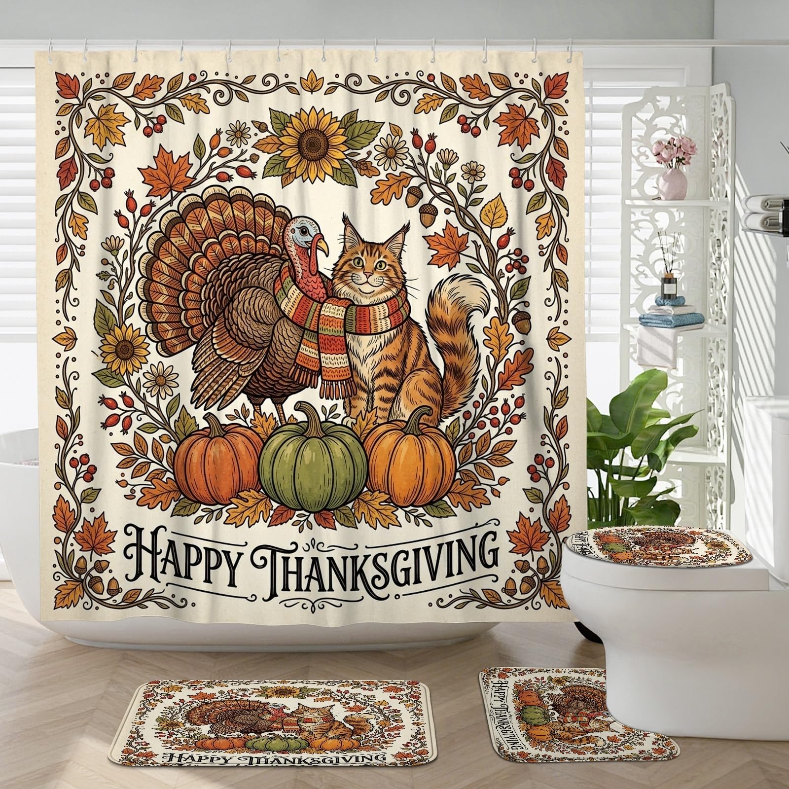 Tapis de salle de bain Maine Coon d'automne et accessoires vintage aux finitions haut de gamme