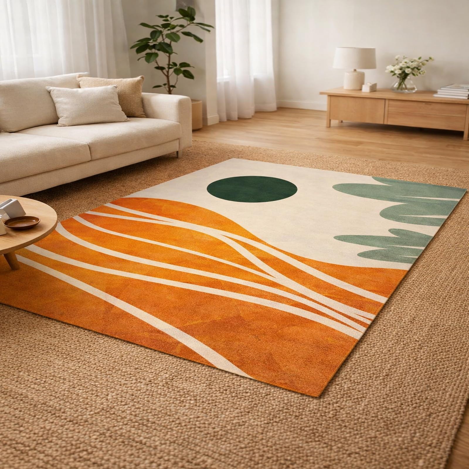 Tapis abstrait moderne vert et orange 160x200 cm pour salon chic