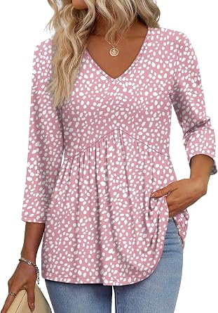 Aokosor Ladies Tops 3/4 Sleeve V Neck Shirts for Women UK Babydoll Pleated Blouses Elegant Casual Tunics Peplum