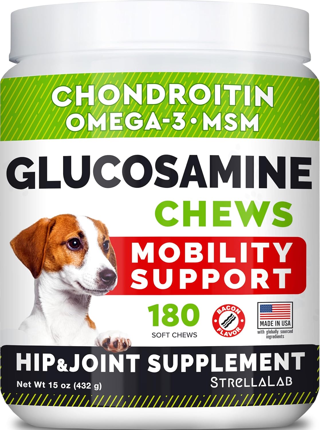 STRELLALAB Glucosamine Treats for Dogs – Joint Supplement w/Omega-3 Fish Oil – Chondroitin, MSM – Advanced Mobility Chews – Joint Pain Relief – Hip & Joint Care – Bacon Flavor – 180 Ct – Made in USA STRELLALAB Glucosamine Treats for Dogs – Joint Supplement w/Omega-3 Fish Oil – Chondroitin, MSM – Advanced Mobility Chews – Joint Pain Relief – Hip & Joint Care – Bacon Flavor – 180 Ct – Made in USA