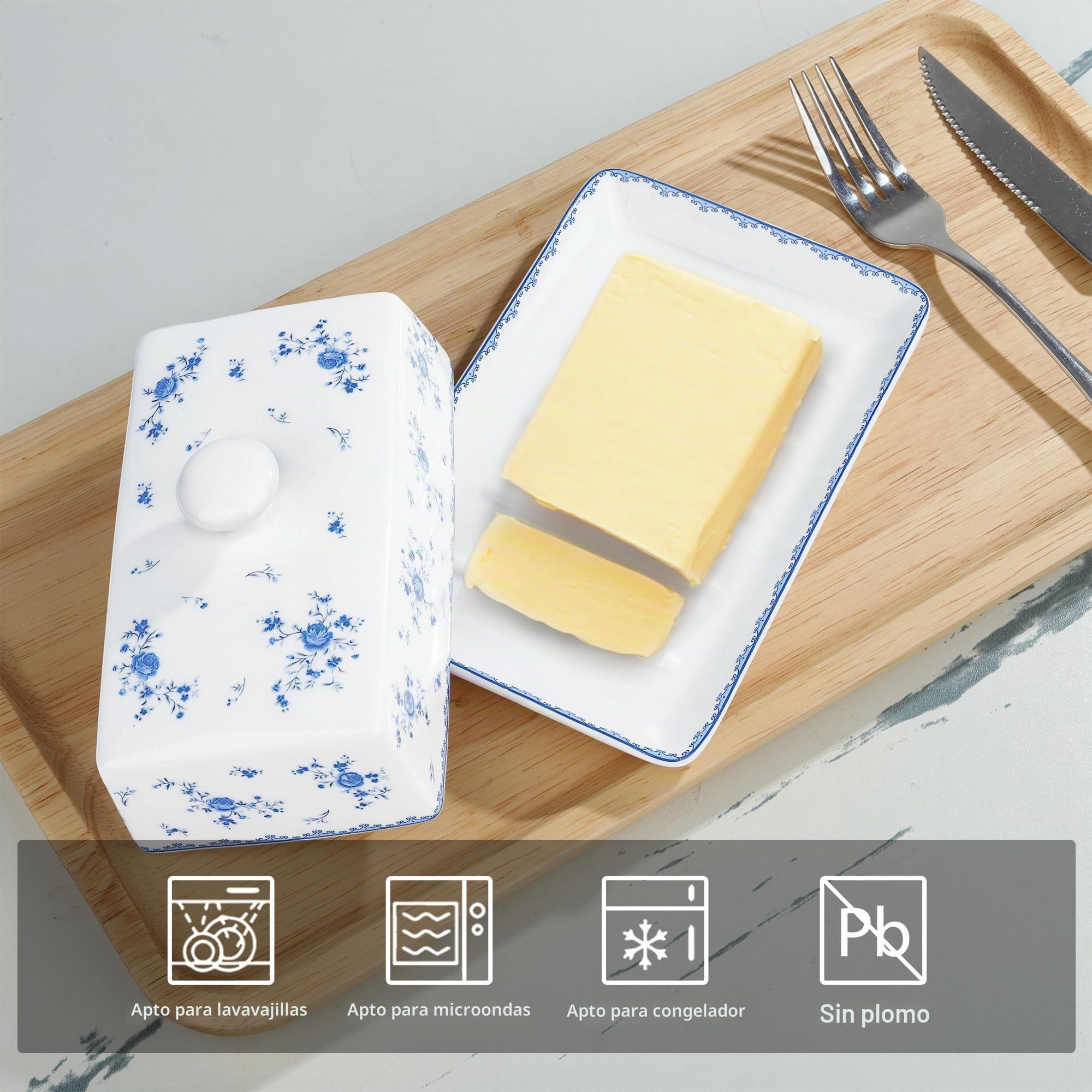 Fanquare mantequillera de porcelana con tapa, mantequilla cerámica elevada, platos cafetería y cocina azul y blanco (rosa azul)