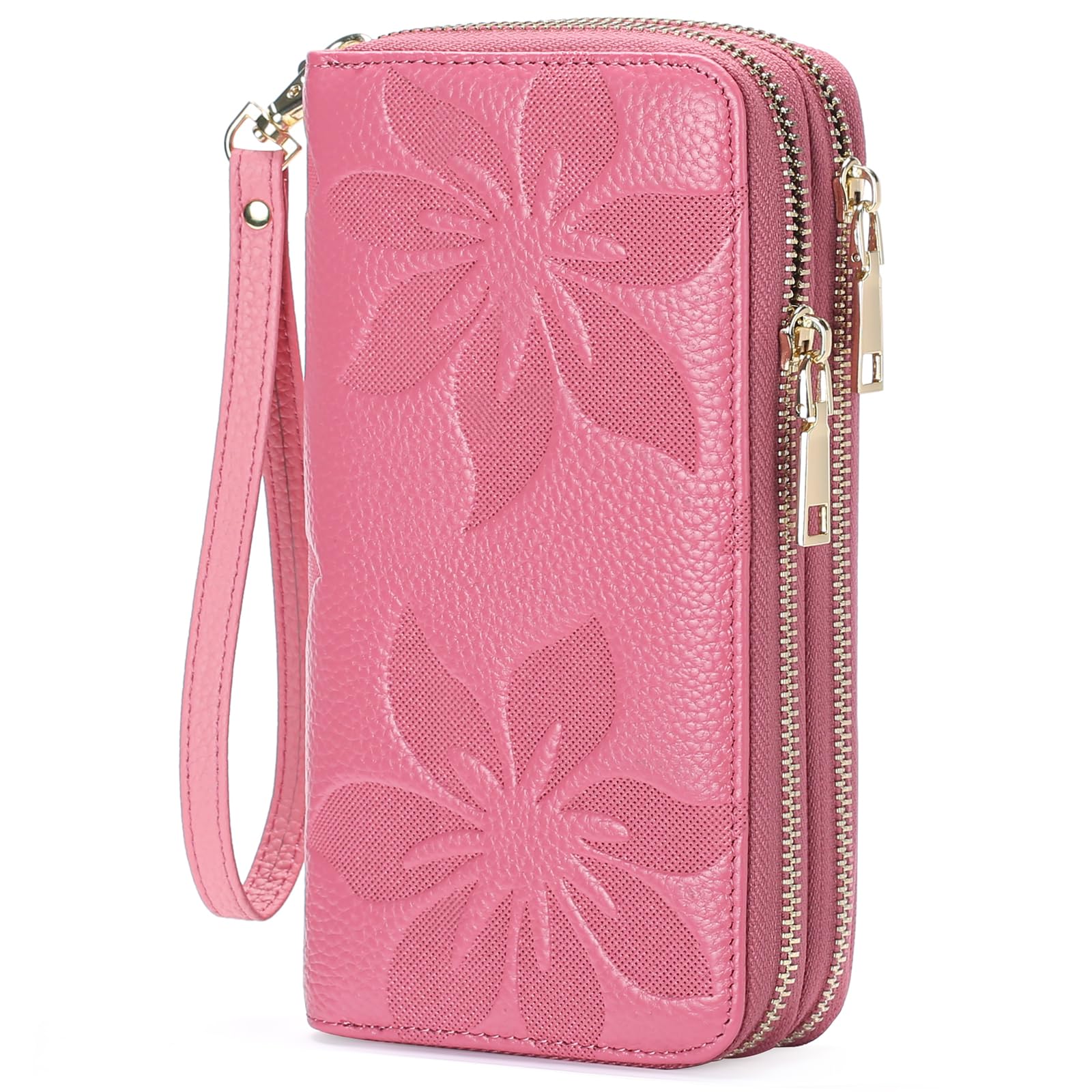 Women's Large Purse RFID Double Zip Wallets for Women Leather Wallets with Wrist Strap, A08-Pink