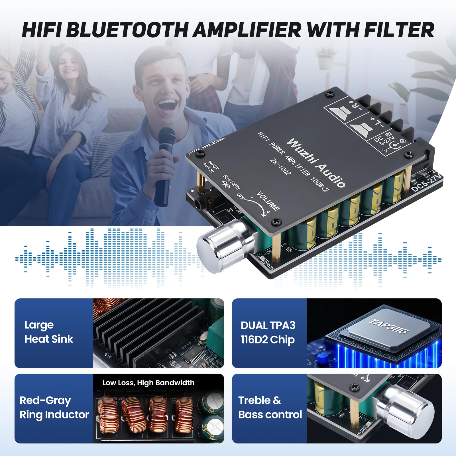 Scheda amplificatore audio Bluetooth 200 W TPA3116,2 x 100 W con filtro LC,Stereo Hi-Fi Digital Amp 2.0 Channel,DC 8-24 V, connessione silenziosa senza password per telefono, per casa o nomade