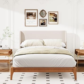 GDFStudio Ceyety King Size Wingback High Headboard, Upholstered Linen Fabric Headboard, Bamboo Wood, Easy Assembly, 48''H, Tan