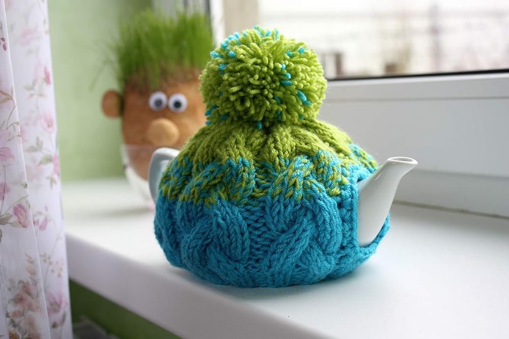 Knit tea cozy with pom pom, teapot warmer, wool tea cosy