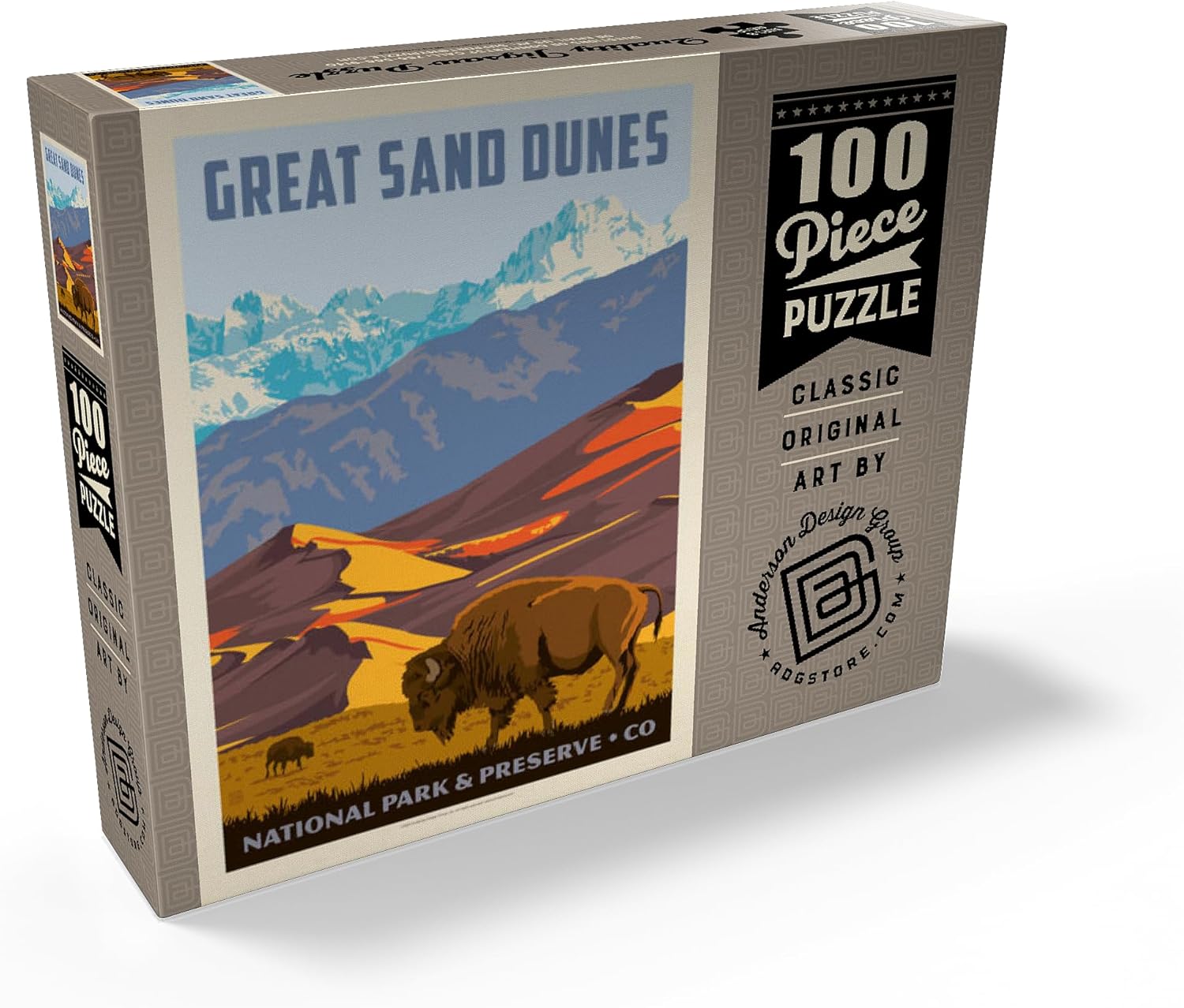 MyPuzzle Great Sand Dunes National Park: Bison, Vintage Poster - Premium 100 Piece Jigsaw Puzzle for Adults