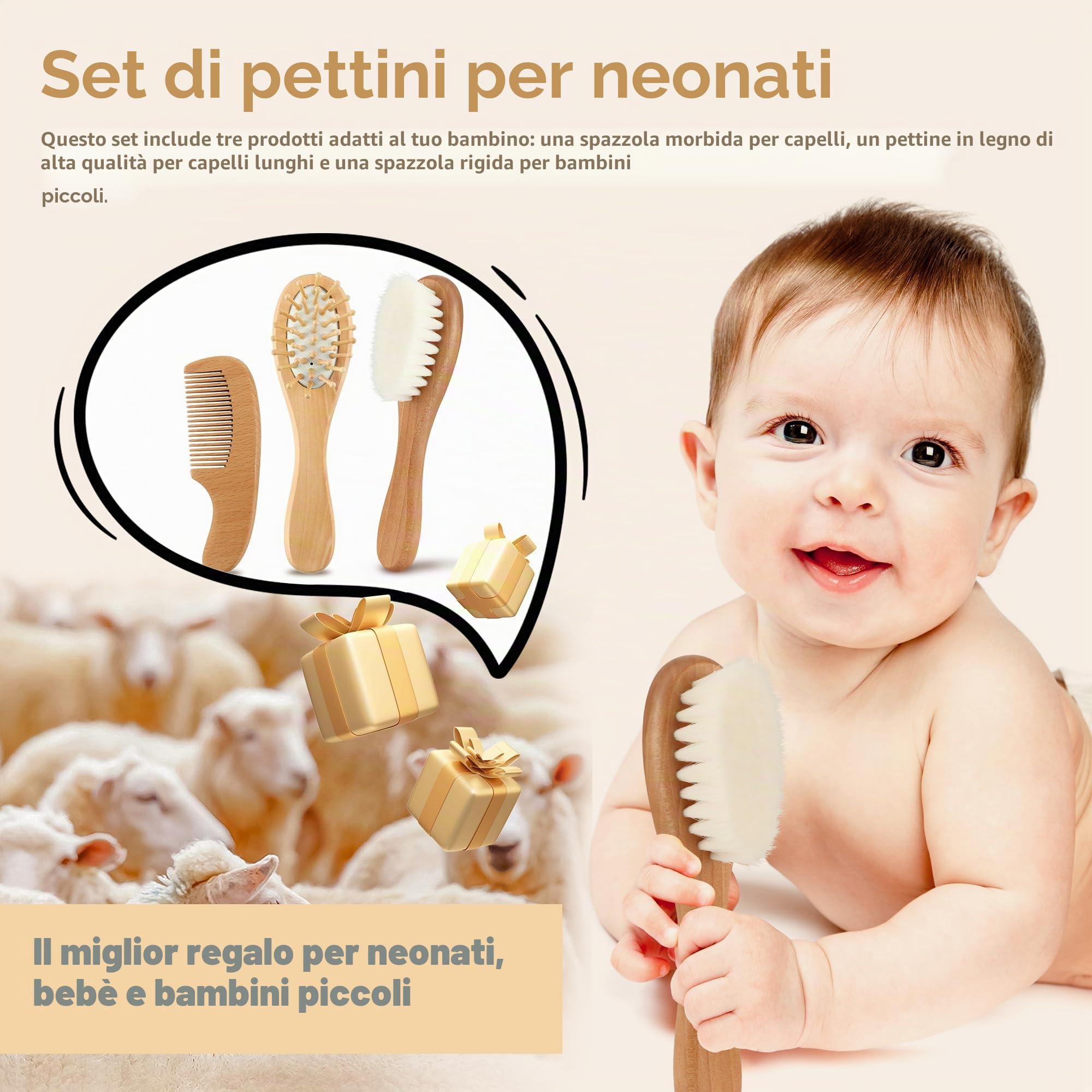 Set di pettini per bambini, in legno naturale, con setole morbide di capra, per neonati, cura del cuoio capelluto, accessori per bambini